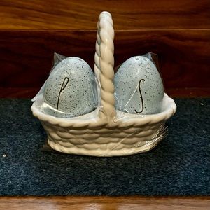 Rae Dunn Easter salt and pepper eggs in a basket